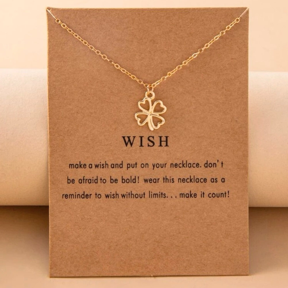 2/$10 NEW! Clover Charm Necklace Lucky Wish Card Boho Cute Dainty Gold